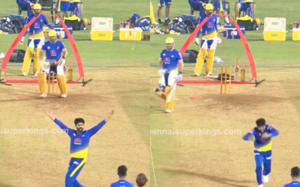 csk-all-rounder-ravindra-jadeja-demanding-ms-dhoni-wicket-forcefully-in-net-practice